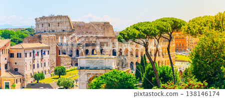 Tourists visit the Roman Forum and Colosseum in Rome, Italy. The ancient architecture stands tall under the bright sky. People walk and admire the historical site. Tourists visit the Roman Forum and Colosseum in Rome, Italy. The ancient architecture stands tall under the bright sky. People walk and admire the historical site. 138146174