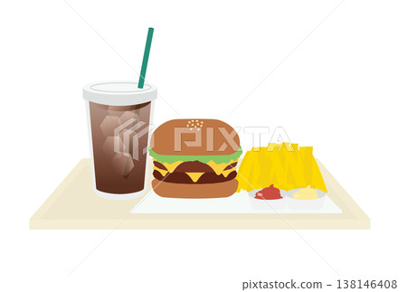 An illustration of a set meal consisting of coffee, a cheeseburger, and French fries. An illustration of a set meal consisting of coffee, a cheeseburger, and French fries. 138146408