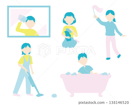 一組色彩柔和的插圖,描繪了人們清潔房間各個部分的場景。 一組色彩柔和的插圖,描繪了人們清潔房間各個部分的場景。 138146520