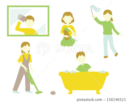 A set of illustrations of people cleaning various parts of a room, in yellow tones. 138146521