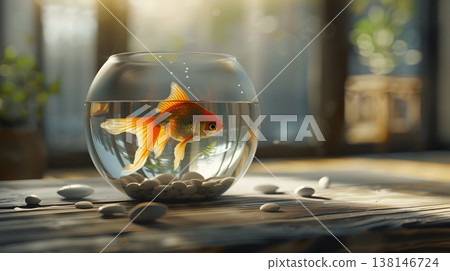 金魚在圓形的金魚缸裡遊來游去。 138146724