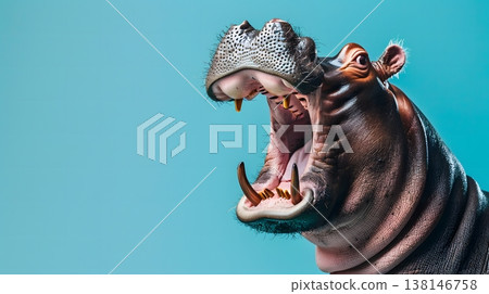 從正面拍攝的河馬特寫,可以看到它的獠牙和張開的大嘴。 從正面拍攝的河馬特寫,可以看到它的獠牙和張開的大嘴。 138146758