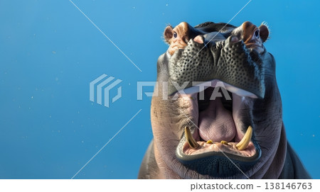 一隻河馬把頭探出水面，張大了嘴巴。 138146763