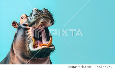 從側面看到的河馬張開嘴的輪廓。 138146769