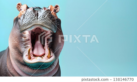 一張河馬的特寫照片，河馬有著大嘴和尖銳的牙齒。 138146770