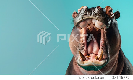 一張從斜角拍攝的照片，展現了一隻張著大嘴的河馬。 138146772