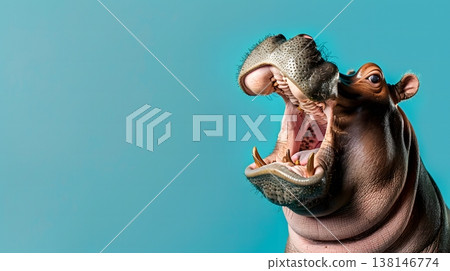 從斜側面看，一隻河馬仰面朝上，張著嘴。 138146774