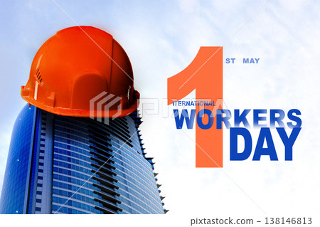 Celebration of International Workers Day on May 1 with construction hat and city skyline Celebration of International Workers Day on May 1 with construction hat and city skyline 138146813