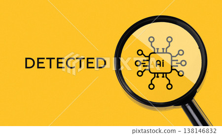 AI technology detected with a magnifying glass on a yellow background 138146832