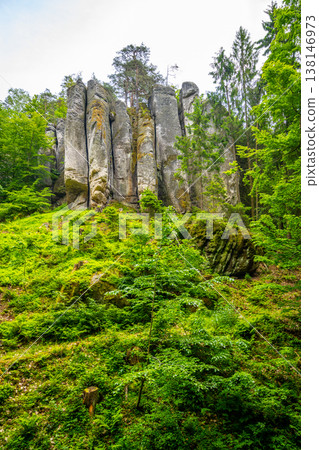 Visitors explore the Prachovske sandstone rocks in Czechia. The area features tall rock formations surrounded by trees and greenery. Hiking trails lead through the scenic landscape. 138146973