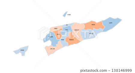 East Timor political map of administrative divisions - municipalities and Special Administrative Region Oecusse-Ambeno. Colorful handdrawn doodle style map with black outline borders and name labels. East Timor political map of administrative divisions - municipalities and Special Administrative Region Oecusse-Ambeno. Colorful handdrawn doodle style map with black outline borders and name labels. 138146999