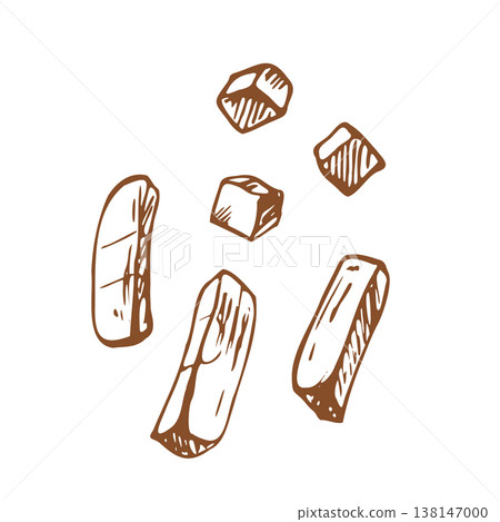 A hand-drawn illustration of sliced potatoes, carrots, other vegetables. A vegetable cooking ingredient, executed in a line art engraving style. A monochrome graphic element for a menu or cookbook. 138147000