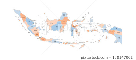Indonesia political map of administrative divisions - provinces and special regions. Colorful handdrawn doodle style map with black outline borders and name labels. 138147001