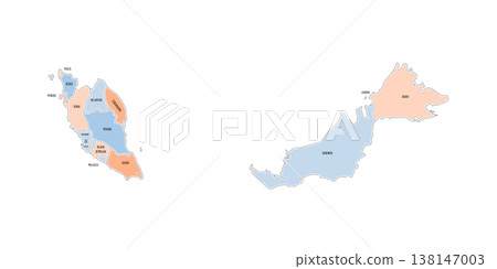 Malaysia political map of administrative divisions - states and federal territories. Colorful handdrawn doodle style map with black outline borders and name labels. 138147003