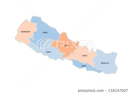 Nepal political map of administrative divisions - provinces. Colorful handdrawn doodle style map with black outline borders and name labels. 138147007