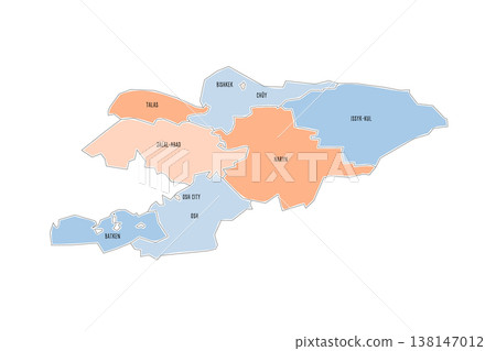 Kyrgyzstan political map of administrative divisions - regions and independent cities of Bishkek and Osh. Colorful handdrawn doodle style map with black outline borders and name labels. Kyrgyzstan political map of administrative divisions - regions and independent cities of Bishkek and Osh. Colorful handdrawn doodle style map with black outline borders and name labels. 138147012