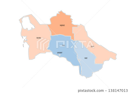 Turkmenistan political map of administrative divisions - regions and capital city district of Ashgabat. Colorful handdrawn doodle style map with black outline borders and name labels. Turkmenistan political map of administrative divisions - regions and capital city district of Ashgabat. Colorful handdrawn doodle style map with black outline borders and name labels. 138147013