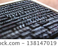 凸版印刷中使用的金屬板的特寫，上面排列著各種字體。 138147019