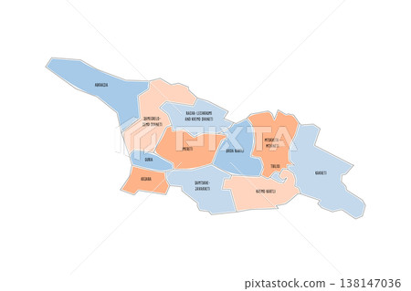 Georgia political map of administrative divisions - regions and autonomous republics of Abkhasia and Adjara. Colorful handdrawn doodle style map with black outline borders and name labels. 138147036
