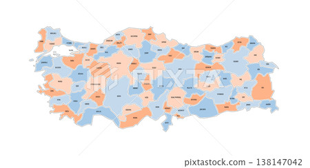 Turkey political map of administrative divisions - provinces. Colorful handdrawn doodle style map with black outline borders and name labels. Turkey political map of administrative divisions - provinces. Colorful handdrawn doodle style map with black outline borders and name labels. 138147042
