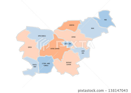 Slovenia political map of administrative divisions - statistical regions. Colorful handdrawn doodle style map with black outline borders and name labels. Slovenia political map of administrative divisions - statistical regions. Colorful handdrawn doodle style map with black outline borders and name labels. 138147043