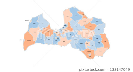 Latvia political map of administrative divisions - municipalities and cities. Colorful handdrawn doodle style map with black outline borders and name labels. Latvia political map of administrative divisions - municipalities and cities. Colorful handdrawn doodle style map with black outline borders and name labels. 138147049