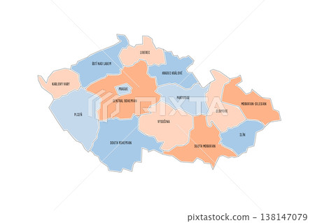 Czech Republic political map of administrative divisions - regions. Colorful handdrawn doodle style map with black outline borders and name labels. Czech Republic political map of administrative divisions - regions. Colorful handdrawn doodle style map with black outline borders and name labels. 138147079