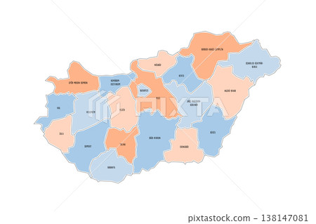 Hungary political map of administrative divisions - counties and autonomous city of Budapest. Colorful handdrawn doodle style map with black outline borders and name labels. Hungary political map of administrative divisions - counties and autonomous city of Budapest. Colorful handdrawn doodle style map with black outline borders and name labels. 138147081