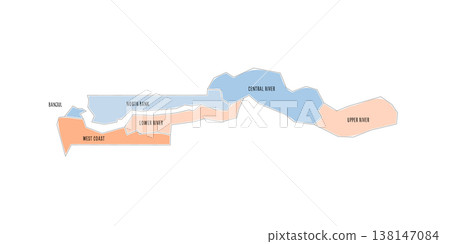The Gambia political map of administrative divisions - regions and city of Banjul. Colorful handdrawn doodle style map with black outline borders and name labels. 138147084