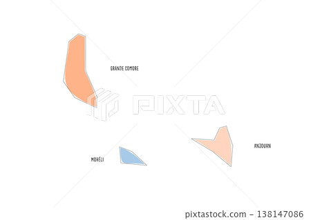 Comoros political map of administrative divisions - autonomous islands. Colorful handdrawn doodle style map with black outline borders and name labels. 138147086