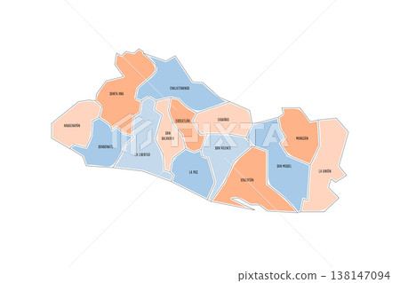El Salvador political map of administrative divisions - departments. Colorful handdrawn doodle style map with black outline borders and name labels. El Salvador political map of administrative divisions - departments. Colorful handdrawn doodle style map with black outline borders and name labels. 138147094