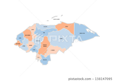 Honduras political map of administrative divisions - departments. Colorful handdrawn doodle style map with black outline borders and name labels. Honduras political map of administrative divisions - departments. Colorful handdrawn doodle style map with black outline borders and name labels. 138147095