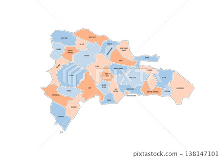 Dominican Republic political map of administrative divisions - provinces and national district. Colorful handdrawn doodle style map with black outline borders and name labels. 138147101