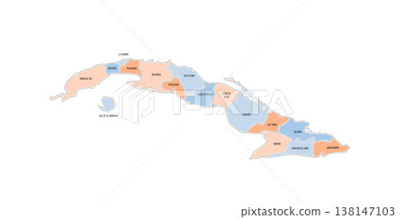 Cuba political map of administrative divisions - provinces. Colorful handdrawn doodle style map with black outline borders and name labels. Cuba political map of administrative divisions - provinces. Colorful handdrawn doodle style map with black outline borders and name labels. 138147103