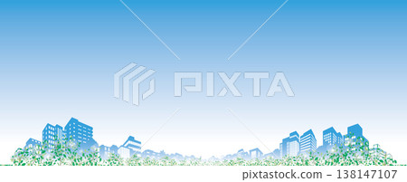 春意盎然的清新綠意和現代建築的輪廓。初夏的城市景觀，一幅環保的畫面。 138147107