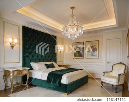 Luxurious Master Bedroom Interior Design Featuring Teal Velvet Headboard, Elegant Crystal Chandelier, and Sophisticated Gold Accents 138147131