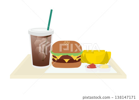 A set meal consisting of wedge-cut French fries, coffee, and a cheeseburger. 138147171