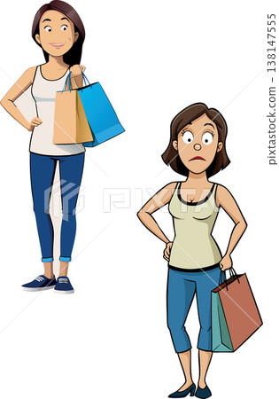 Happy and frustrated customers holding shopping bags Happy and frustrated customers holding shopping bags 138147555