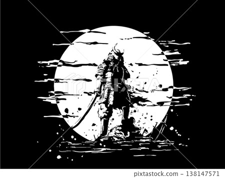 滿月下的武士水墨畫插圖 138147571