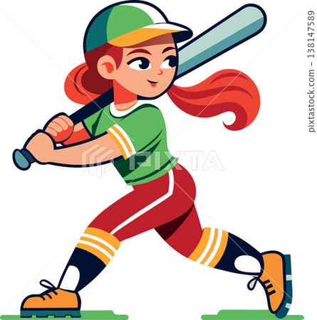 Young girl baseball player hitting ball with bat Young girl baseball player hitting ball with bat 138147589