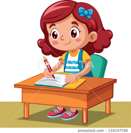 Cute schoolgirl writing on notebook at desk Cute schoolgirl writing on notebook at desk 138147590