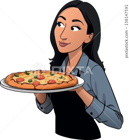 Waitress holding pizza tray and looking up smiling Waitress holding pizza tray and looking up smiling 138147591