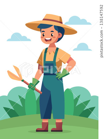 Young farmer holding gardening shears in the field Young farmer holding gardening shears in the field 138147592