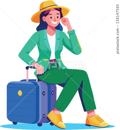 Young woman sitting on her luggage is ready for her trip Young woman sitting on her luggage is ready for her trip 138147593