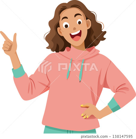 Young woman pointing and smiling cartoon illustration Young woman pointing and smiling cartoon illustration 138147595