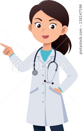 Smiling female doctor pointing with finger wearing lab coat and stethoscope Smiling female doctor pointing with finger wearing lab coat and stethoscope 138147596