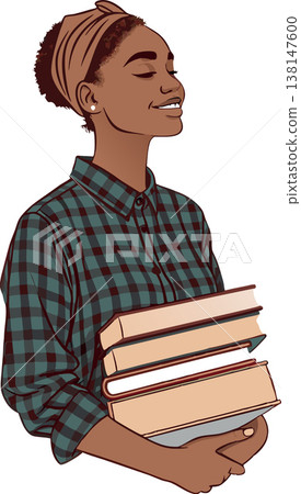 Young student holding books with eyes closed and smiling, education and knowledge concept 138147600