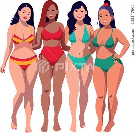Four curcy women walking together on the beach, enjoying their vacation 138147603