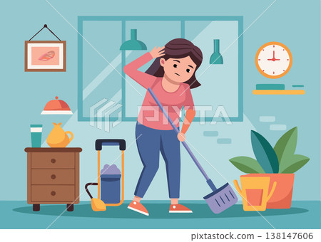 Housewife sweeping floor and touching hair in living room Housewife sweeping floor and touching hair in living room 138147606