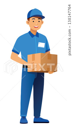 Delivery man is holding a cardboard box and smiling 138147764